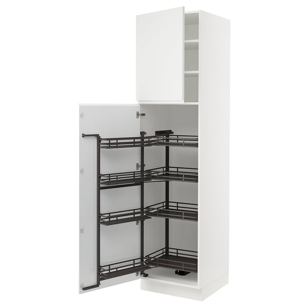 White kitchen cabinet with pull-out shelves. Modern, minimalist design. Metal shelves and handles.