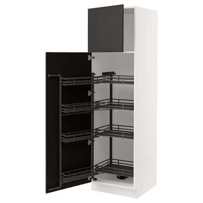 Modern black kitchen cabinet with pull-out shelves, sleek design, three-tiered storage.