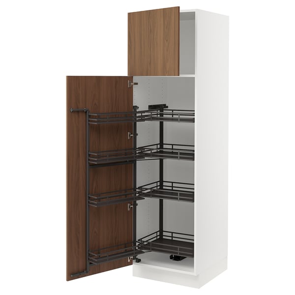 Modern white kitchen cabinet with pull-out shelves and walnut doors.