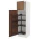 Modern white kitchen cabinet with pull-out shelves and walnut doors.