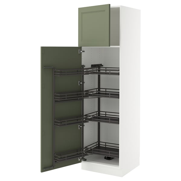 SEKTION kitchen cabinet with grey-green axstad doors, tall and narrow, open pull-out shelves.