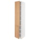 A white SEKTION tall kitchen cabinet with light oak doors, open to display multiple adjustable shelves.
