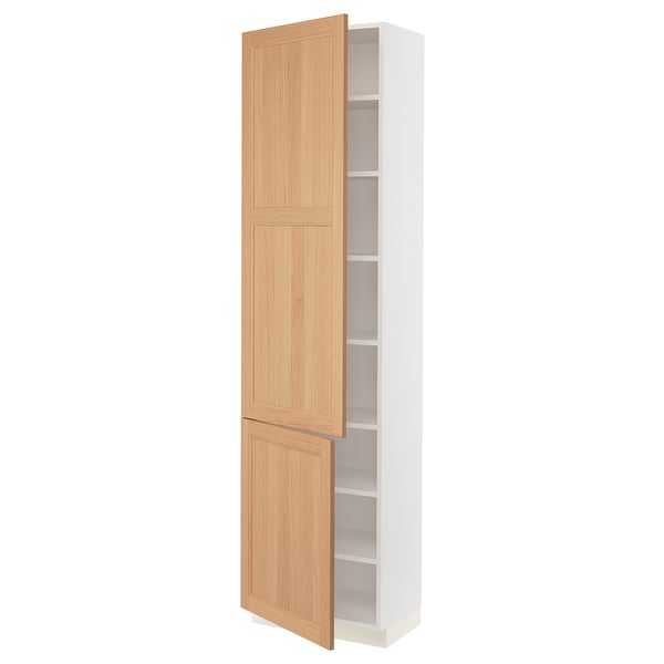 Ikea SEKTION tall white cabinet with light oak doors, three shelves, adjustable, and soft-close hinges.