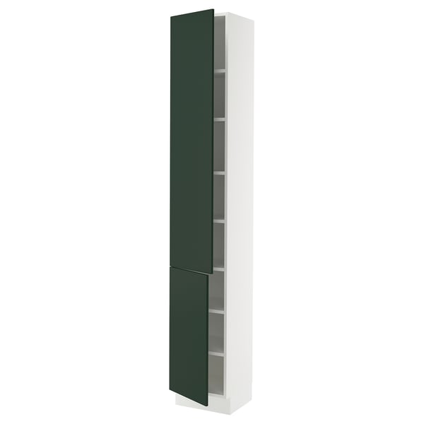 SEKTION tall white cabinet with green doors, adjustable shelves, modern design.
