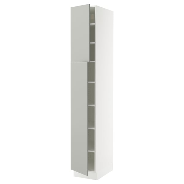 SEKTION kitchen cabinet, light grey, modern, rectangle, white shelves, soft-closing door.