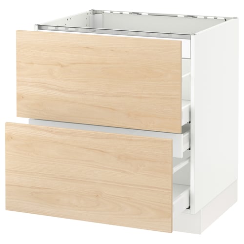 SEKTION kitchen cabinet with light ash drawers and white base, partial open.