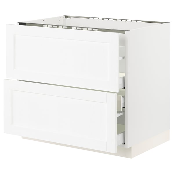 SEKTION kitchen cabinet in white with open drawers, modern design.