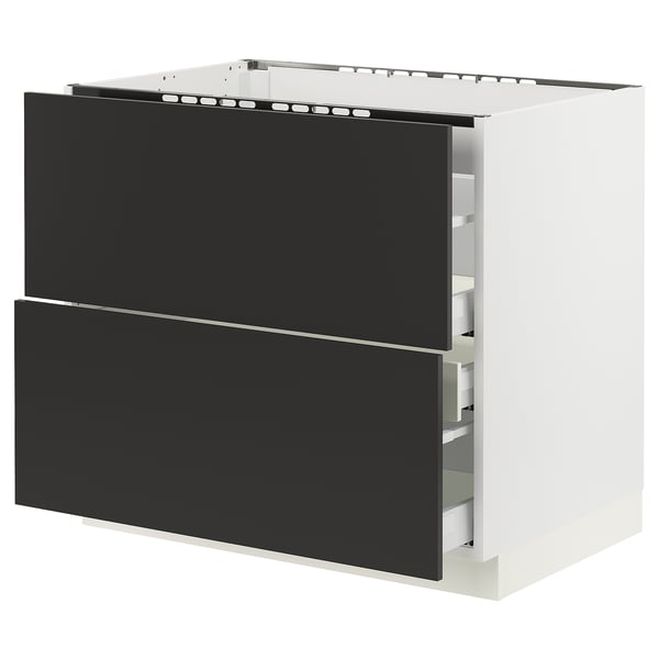 Modern black kitchen cabinet with two drawers, sleek design, sturdy construction.