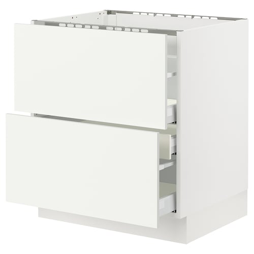 An all-white SEKTION kitchen cabinet set with drawers and a flat top. The clean design modern, smooth surfaces and metal drawer runners.