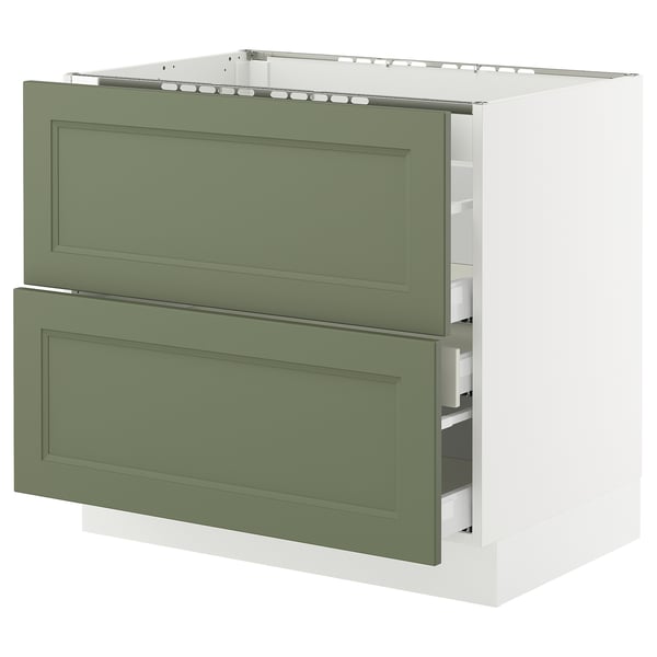Ikea SEKTION kitchen base with 2 green-gray drawers and white frame.