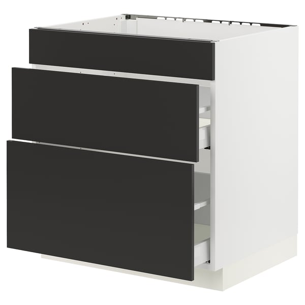 A modern white SEKTION kitchen unit with three black drawers. The unit sleek, matt black drawer fronts, creating a stylish, minimalist look.