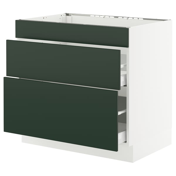 SEKTION kitchen cabinet in deep green with 3 drawers, white frame, modern design.