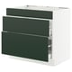 SEKTION kitchen cabinet in deep green with 3 drawers, white frame, modern design.