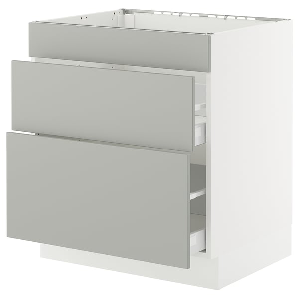 Modern light grey SEKTION kitchen cabinet with three drawers in rectangular shape.