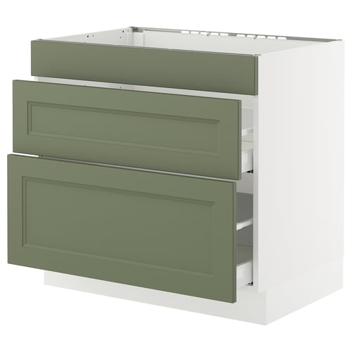 SEKTION kitchen cabinet in grey-green, modern classic design, three drawers, sleek finish.