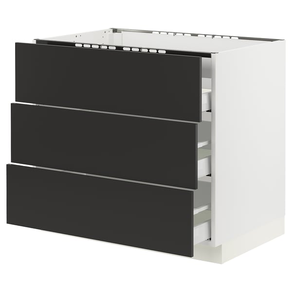 An ikea SEKTION kitchen cabinet with three black drawers and a white frame. Modern, rectangular design, ideal for storage.