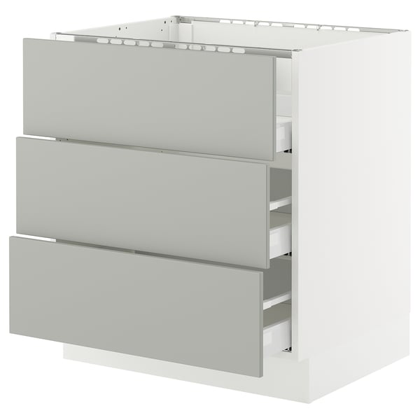 White SEKTION kitchen cabinet with grey drawers, modern minimalist design.