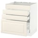 An off-white, modern kitchen cabinet unit with three drawers and a door, featuring bevelled edges and a sturdy frame construction.