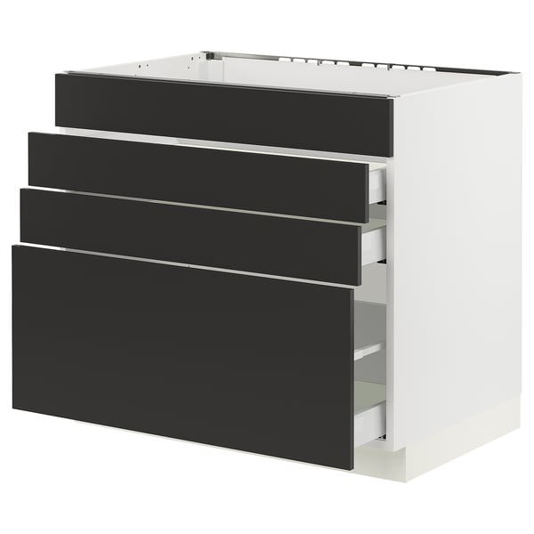 Modern white kitchen cabinet with four black drawers, sleek design, sturdy build.