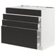 Modern white kitchen cabinet with four black drawers, sleek design, sturdy build.