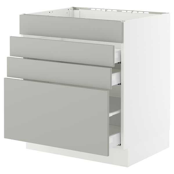 Modern white kitchen cabinet with drawers and grey handles in SEKTION system.