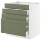 SEKTION kitchen unit in grey-green with three drawers and one cabinet.