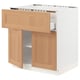 SEKTION oak wooden kitchen cabinet. Open door and drawer shown. White base.