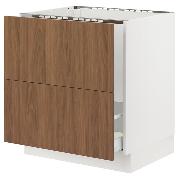 An ikea SEKTION kitchen cabinet in white with brown wooden drawers. It two large smooth drawers and a sleek, modern design.