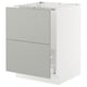 Modern white and grey kitchen cabinet. Rectangular shape with two drawers. Made of metal and particleboard.