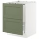 Modern kitchen cabinet in grey-green with two drawers and door.