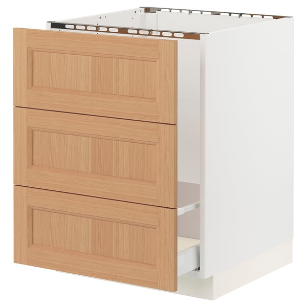 SEKTION kitchen cabinet with oak drawers, white frame.