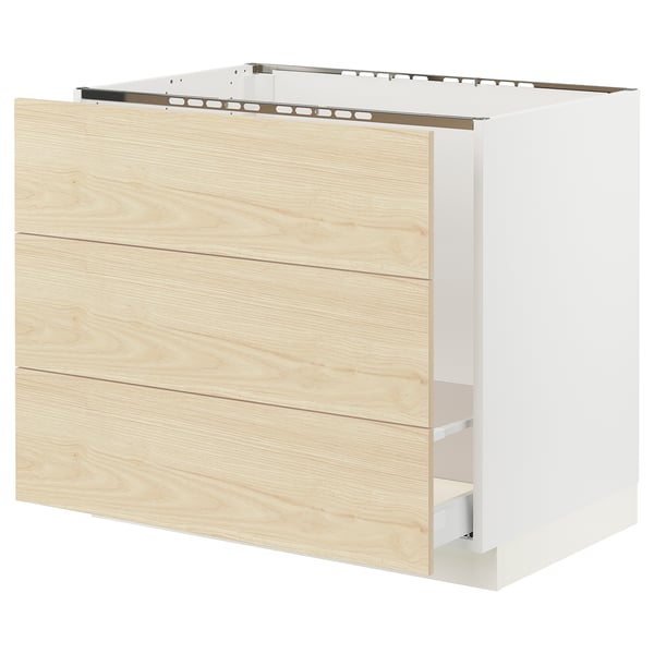 Modern light wood cabinet with sleek handles and white base, part of IKEAs SEKTION kitchen system.