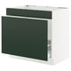 Modern kitchen cabinet with sleek green drawers and white base, rectangular shape.