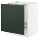 A modern green kitchen cabinet with three drawers and white base.