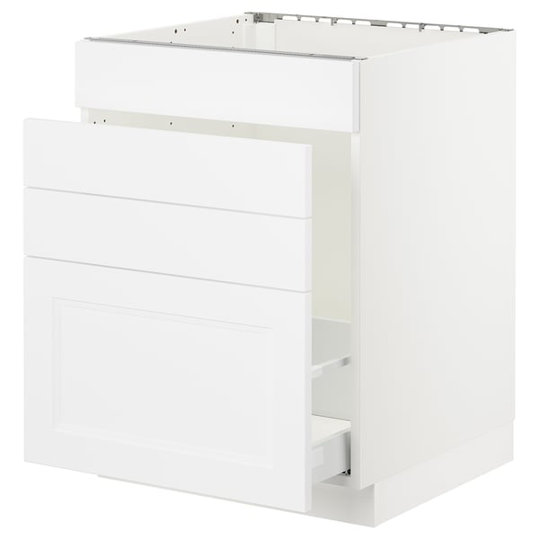 Displays a SEKTION kitchen cabinet in white with multiple drawers and a sleek design.