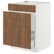 An ikea SEKTION kitchen cabinet with a white frame and wooden walnut finish drawers. It has four drawers and an open shelf at the top.