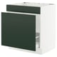 A white kitchen base cabinet with dark green drawers. It has a rectangular shape and smooth, flat surfaces for a modern look.