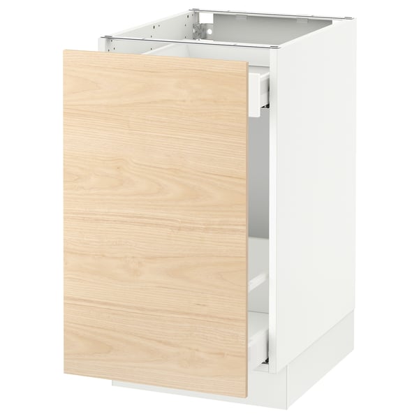 A SEKTION kitchen cabinet with a white base and light ash wooden door, featuring a modern design and sturdy construction.