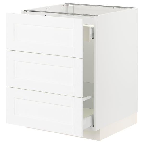 White ikea SEKTION kitchen cabinet with three drawers and open shelf.