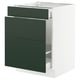 Modern white cabinet with green drawers; sleek and minimalist design.