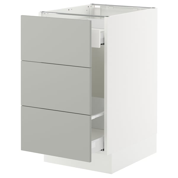 IKEA SEKTION light grey kitchen cabinet with drawers.