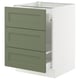 Its an olive green SEKTION kitchen cabinet with three drawers and a white base, designed for a modern look.