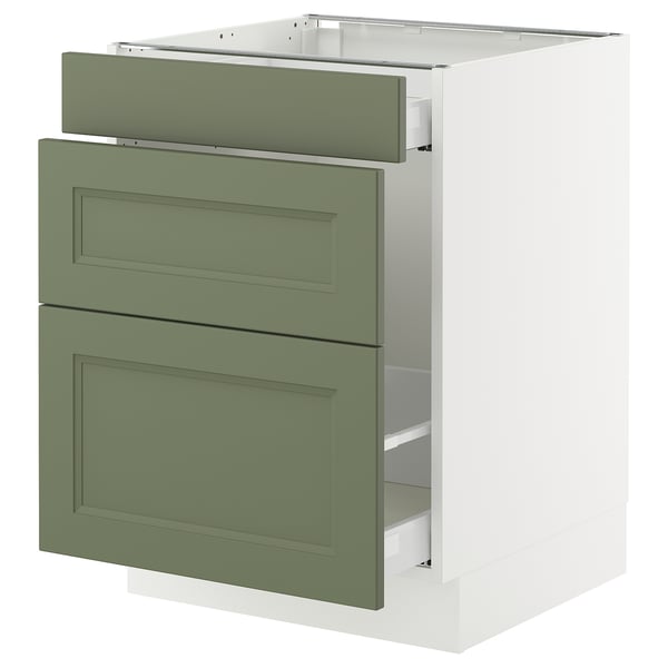 Modern kitchen cabinet in grey-green with two drawers, sleek design, white frame.