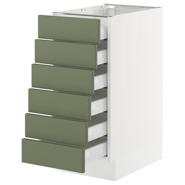 The SEKTION kitchen cabinet with six gray-green axstad drawers. It a sleek, modern design with a sturdy white base, ideal for organised storage.