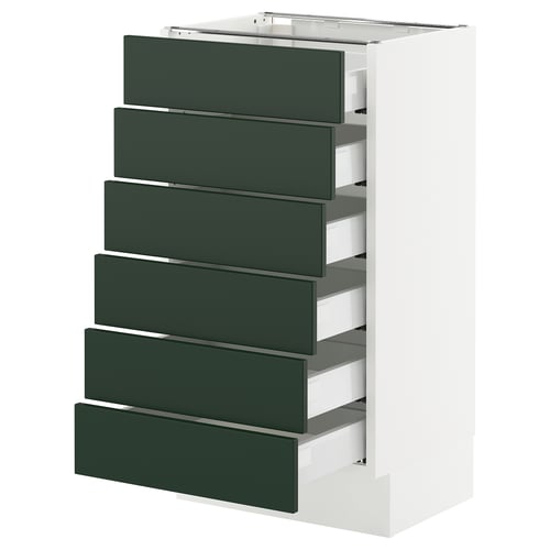 Modern white kitchen cabinet with 6 green drawers