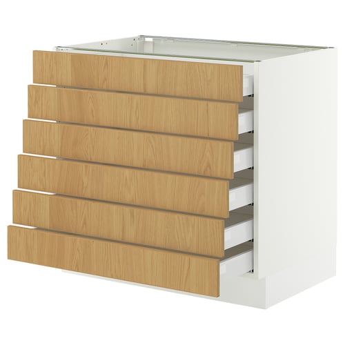 SEKTION / MAXIMERA Base cabinet 6 fronts/6 low drawers, white/Sinarp oak veneer, 91x61x76 cm