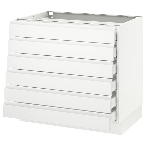 A white SEKTION kitchen cabinet with six smooth-running drawers featuring integrated handles and a minimalist design.