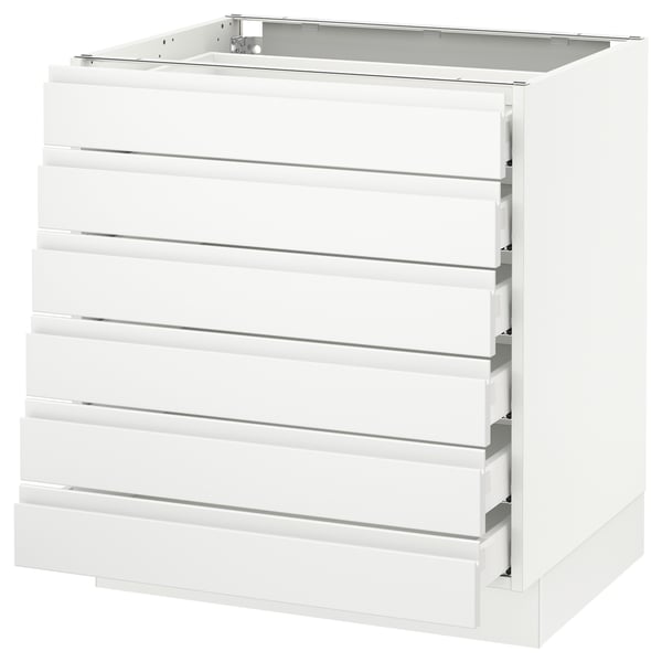 Displays a white SEKTION kitchen cabinet with six integrated handles and smooth-damping drawers.