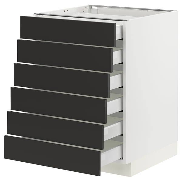 An ikea SEKTION kitchen unit with six black drawers in a white cabinet.