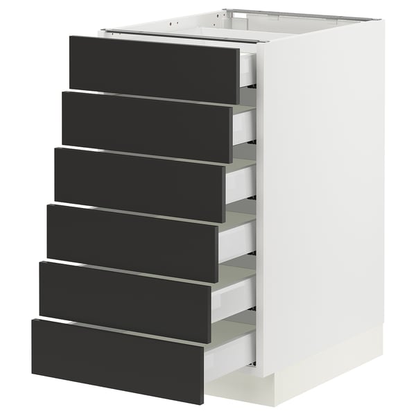 SEKTION kitchen cabinet in white with six black drawers.